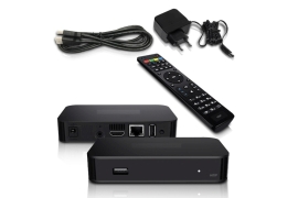 Set Top Box mit Fernbedienung, Netzteil und Kabeln